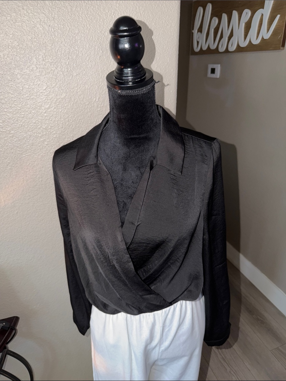 Love Tree Black Satin Surplice Wrap Blouse